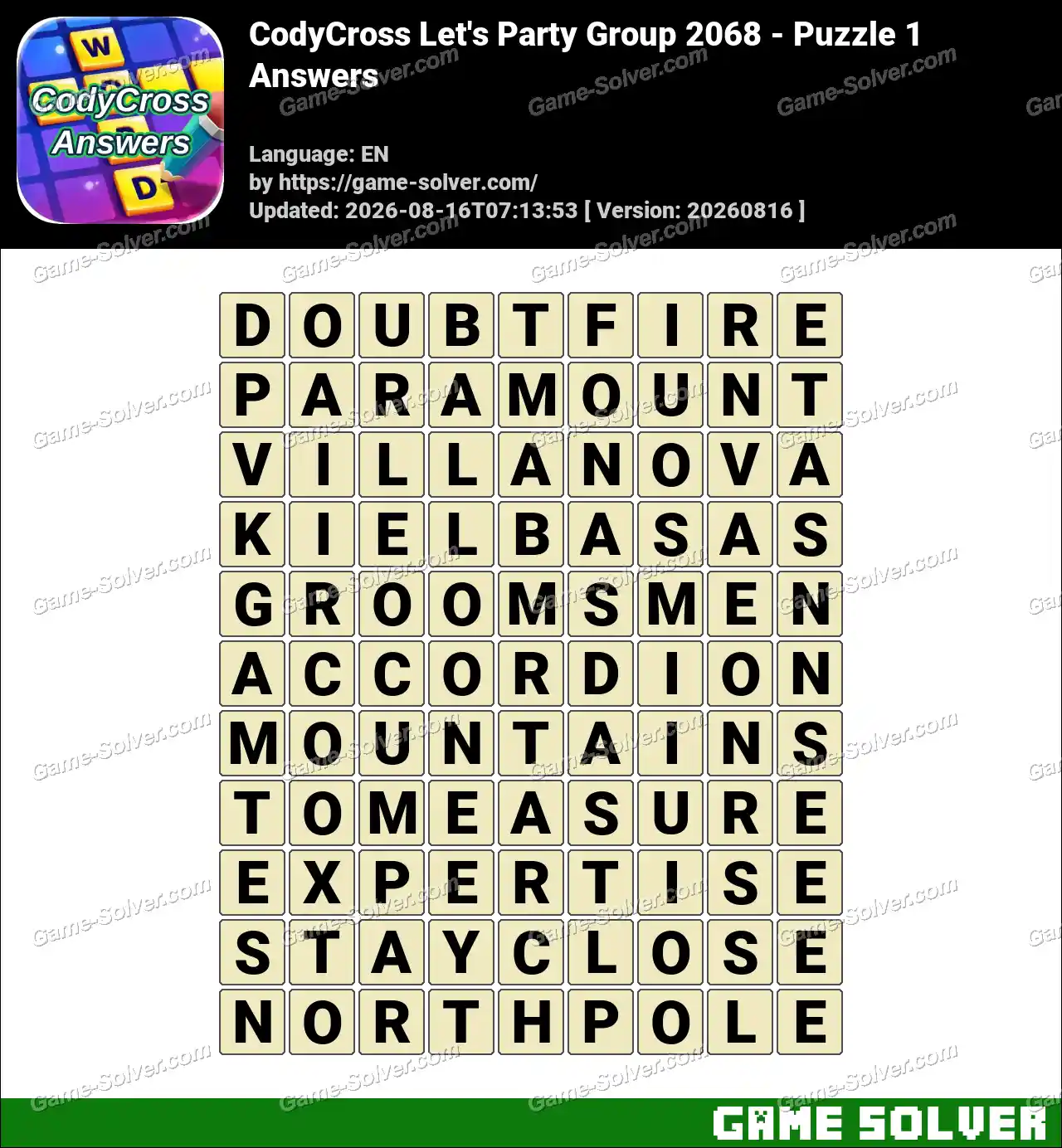 CodyCross Let’s Party Group 2068 – Puzzle 1 Answers